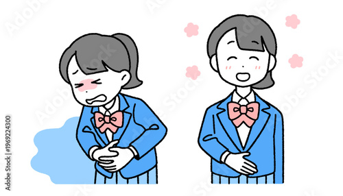 学生のお腹の不調と改善のイラストセット｜生理・便秘・ヘルスケア