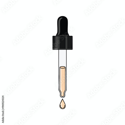 Black dropper with liquid, releasing a drop of golden fluid