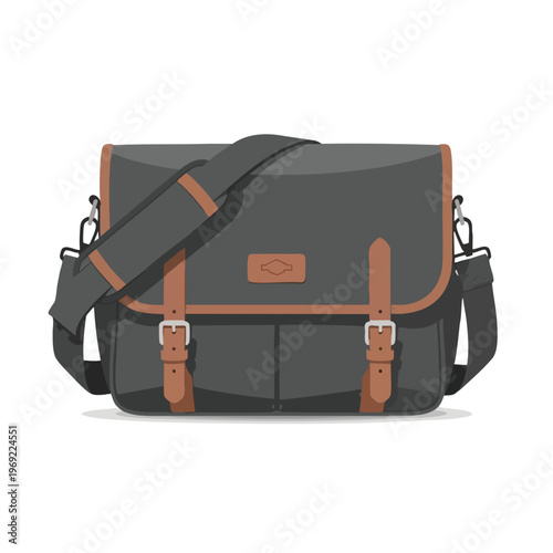 A flat illustration of a dark grey messenger bag with brown accents