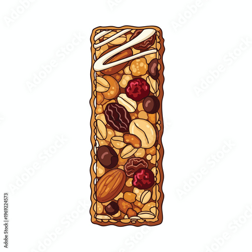 Rectangle bar with visible nuts, fruits, chocolate drops, and drizzles