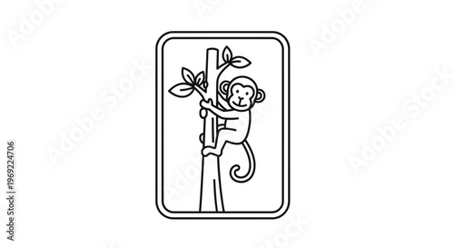 Cute Monkey Climbing Tree Branch, Outline Illustration, Vector Art, Wildlife Icon