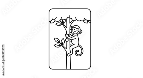 Cute Monkey Climbing Tree Branch, Jungle Animal, Outline Illustration
