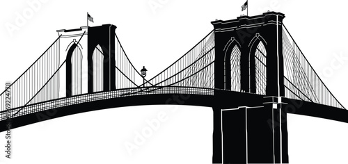 Brooklyn Bridge Silhouette Illustration Featuring New York City Landmark Architecture, Historic Suspension Bridge Graphic, East River Urban Crossing, NYC Vector Design