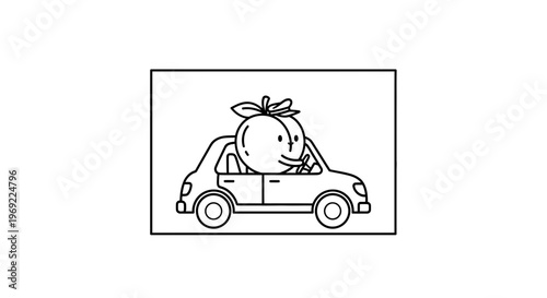 Cute Peach Driving a Car, Funny Fruit Character on a Road Trip