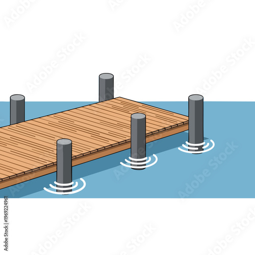 Isometric view of a wooden pier with pilings in blue water, showing ripples