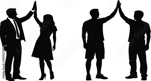Business and casual people silhouettes giving high five, successful team celebration, partnership achievement, man and woman high five, isolated, vector.