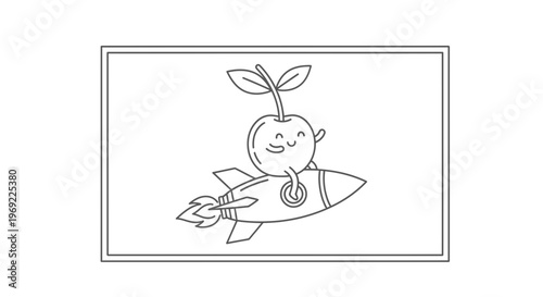 Cute cherry character riding a rocket ship, cartoon style, celebrating space travel and healthy eating