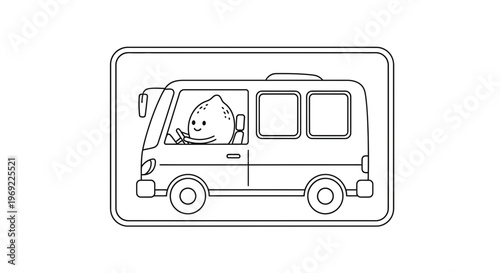 Cute Lemon Character Driving a Van, Cartoon Style, Black and White Outline