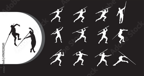 A collection of white silhouettes of athletes throwing javelins on a black background with a gray and white oval