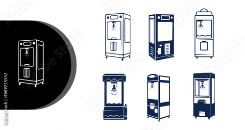 A collection of various vending machine designs and illustrations on a white background