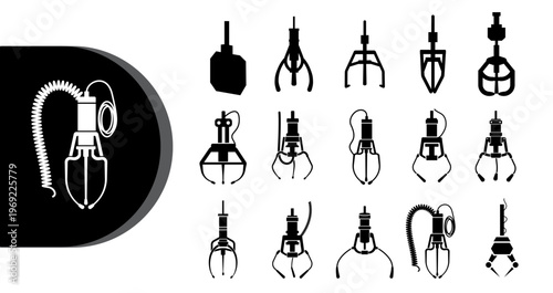 A collection of various robotic gripper designs and tools for industrial automation and manufacturing processes