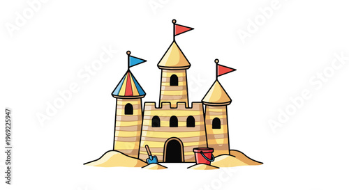Sandcastle, beach castle, cartoon illustration, vector graphic