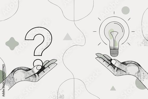 Hands offering a question mark and a glowing light bulb illustration