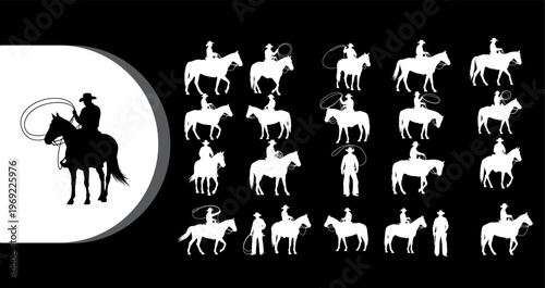 A collection of white and black silhouettes of cowboys riding horses with lassos on a plain background