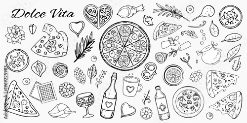 A hand drawn illustration of italian food items and decorative elements