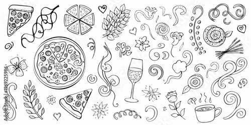 Whimsical doodle collection featuring pizza flowers and celebratory drinks