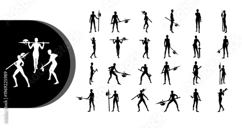 A collection of black and white silhouettes of people holding various weapons in different poses on a plain background