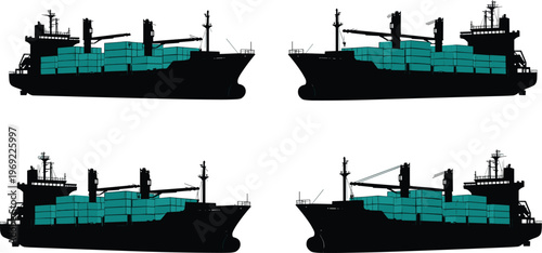 Cargo Ship Silhouette Set with Loaded Containers for International Shipping Logistics, Maritime Transport, Global Freight Industry, and Ocean Export Trade
