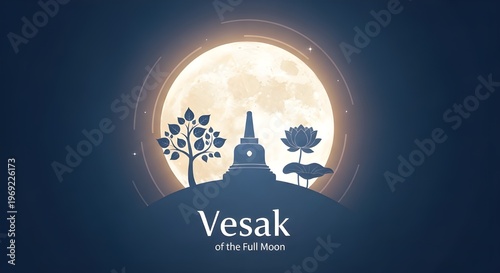 Vesak day of the full moon celebration banner with a beautiful lotus flower 
