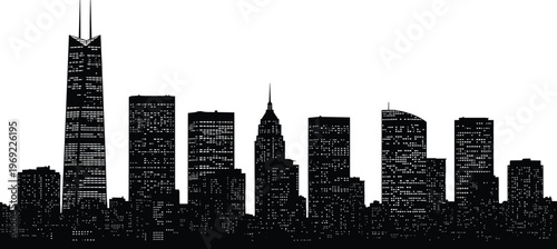 Chicago city skyline silhouette with Willis Tower, black and white urban architecture vector, night skyscraper buildings isolated on white background.