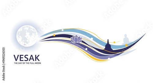 Vesak day of the full moon celebration graphic with lotus flower and stupa silhouette