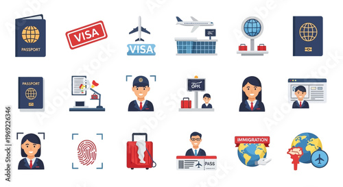 Travel Visa and Immigration Icon Set Passport Airport Vector Isolated on White