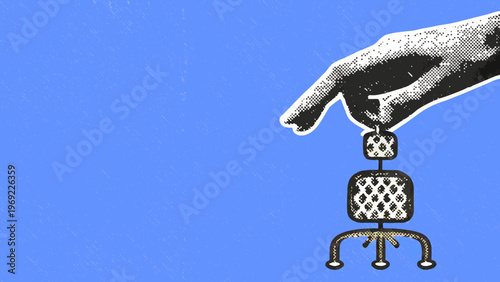 A hand delicately holds a miniature patterned chair against a blue backdrop