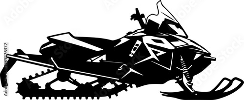 Snowmobile, snow machine, vector silhouette, black and white, winter sports, recreation vehicle
