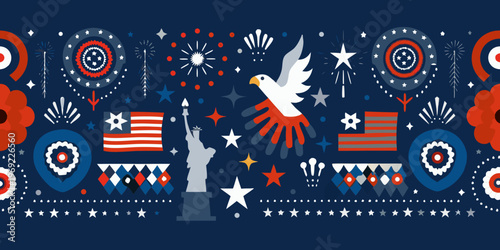 Festive american independence day pattern with patriotic symbols and fireworks