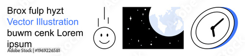 Time management, positivity, astronomy, creativity, inspiration, productivity. happy face with lines, Earth with stars clock with a modern style. Time management and positivity concept