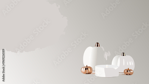 Minimalist autumn still life featuring white and copper pumpkins