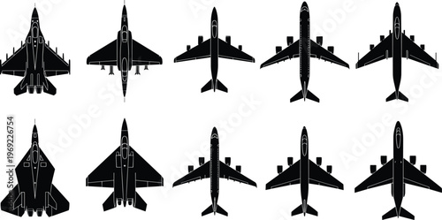 Collection of airplane silhouette icons featuring military fighter jets and commercial passenger planes in top view for aviation design and infographics