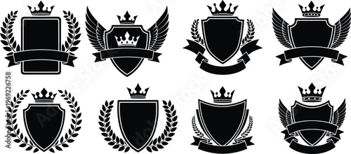 Collection of Black Heraldic Shield Silhouettes Featuring Royal Crowns Wings Laurel Wreaths and Blank Ribbons for Luxury Logo Design Branding Identity