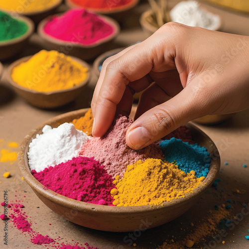 Hand holding colorful powder pigments closely.
