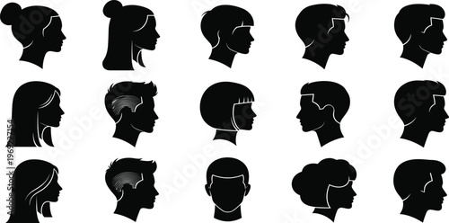 Collection of black vector human head silhouettes featuring diverse male and female profiles with various hairstyles isolated on white background