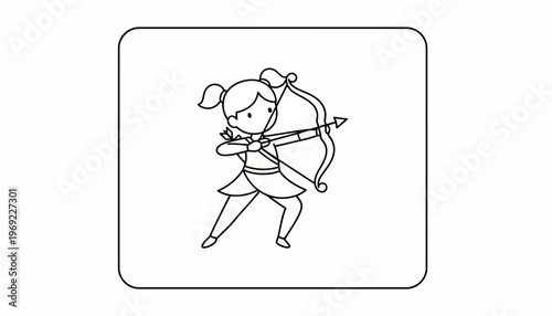 Cute Archer Girl with Bow and Arrow, Zodiac Sign Sagittarius, Line Art Illustration