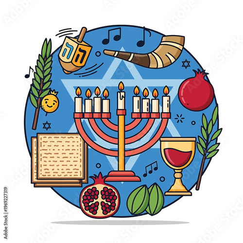 Fotografi Menorah with Jewish symbols around it.