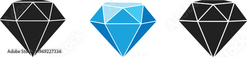 Collection of blue and black diamond icons in vector format, sparkling gemstone illustrations isolated on white background, jewelry and luxury concept