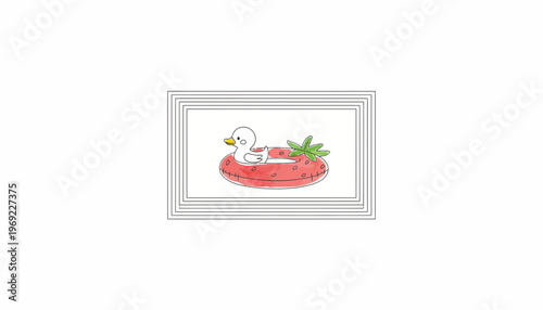 Cute cartoon duckling relaxing on a red inflatable ring in water, summer fun illustration