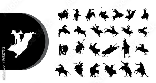 A collection of cowboy silhouettes in various poses on horseback against a white background