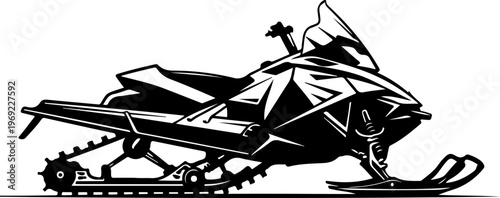 Geometric snowmobile vector, black and white illustration, winter sports vehicle, ski doo design