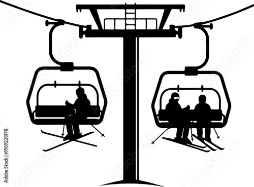 Ski Lift, Chairlift, Winter Sports, Silhouette Icons, Black and White Vector Graphics