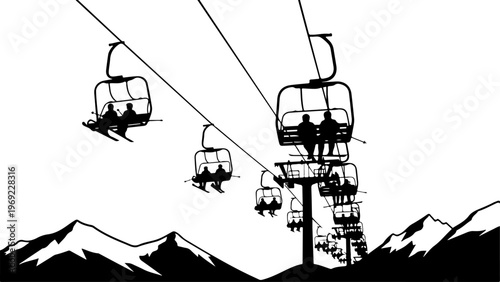 Ski Lift, Mountain Resort, Winter Sports, Cable Car, Black Silhouette Vector