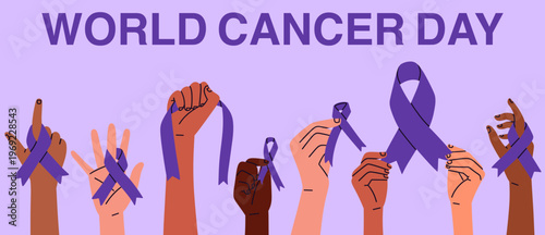 Illustration featuring multiple hands holding purple ribbons to commemorate World Cancer Day. ideal for campaigns, awareness programs, and social media posts dedicated to fighting cancer.