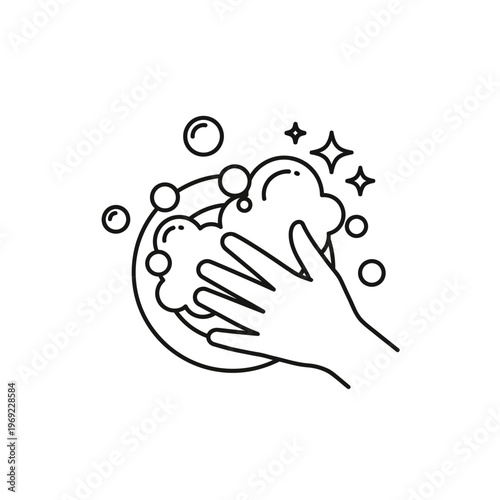 Hand washing dishes with soap and bubbles icon, hygiene and cleaning concept