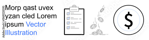 Budget planning, financial management, saving money, wealth generation, economic planning, personal finance. A checklist, falling coins and a dollar sign. Budget planning and financial management