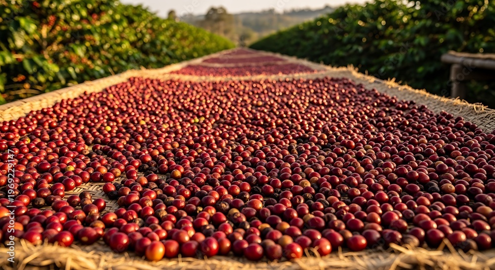 Fototapeta premium Freshly harvested vibrant red coffee beans meticulously spread out on traditional drying beds under the warm sun, a vital step in coffee processing at a plantation