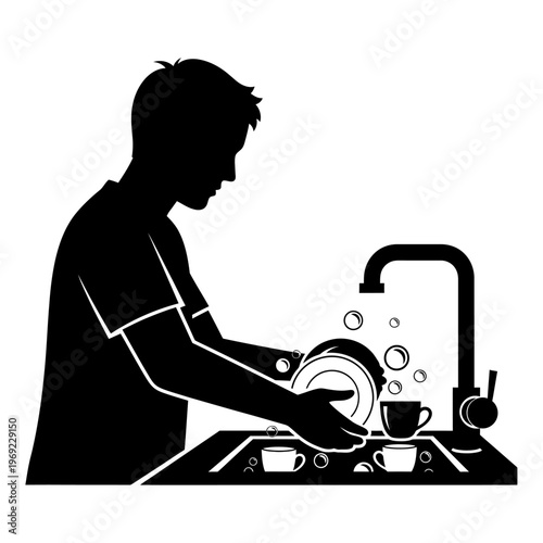 Silhouette of a man washing dishes at a sink with faucet and bubbles