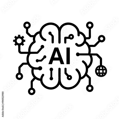 Black Outline AI Brain with Gear and Network Nodes for Artificial Intelligence and Machine Learning