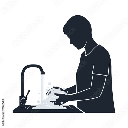Silhouette of a Person Washing Dishes in a Kitchen Sink with Running Water and Soap Suds